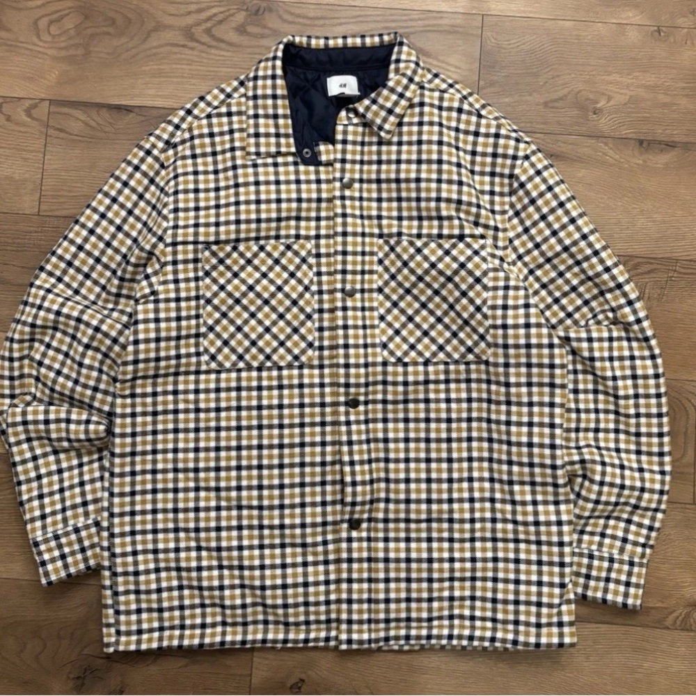 H&M Men's Blue and Tan Checkered Shirt Jacket